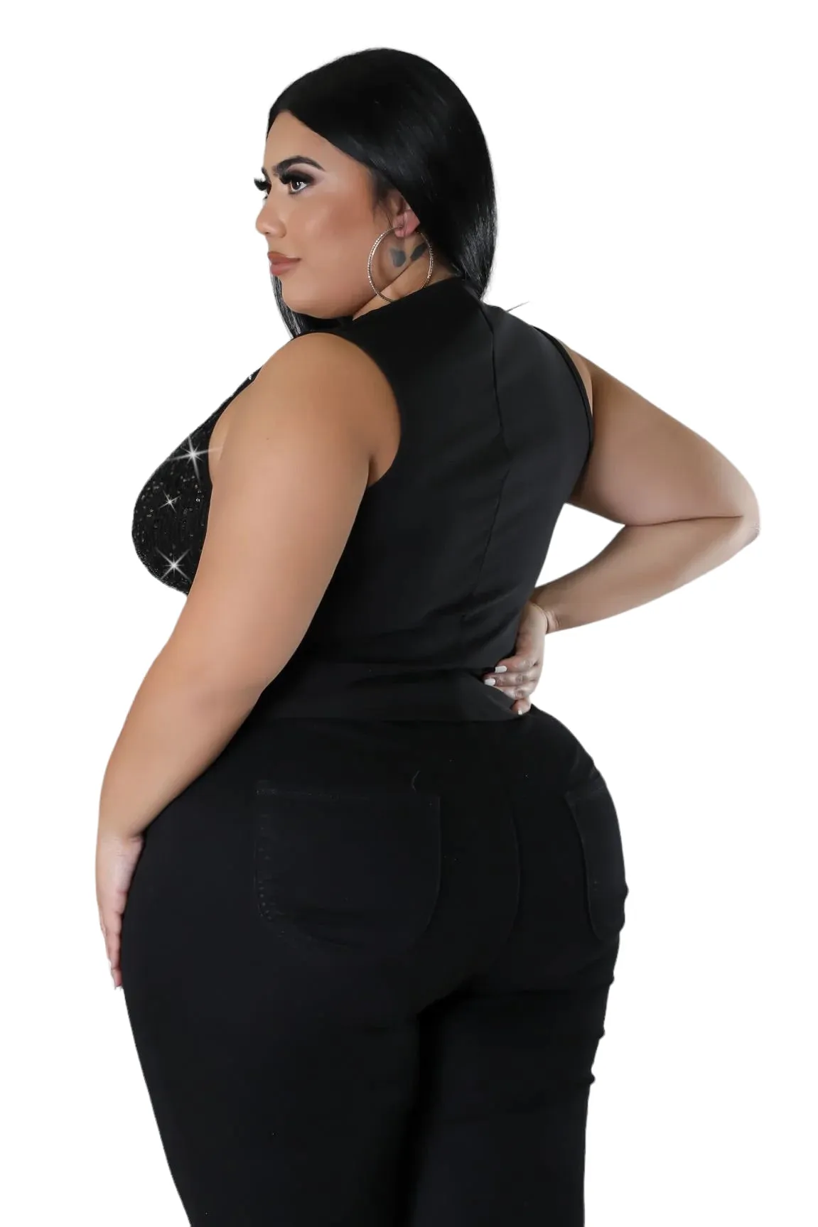 Final Sale Plus Size Sequin Sleeveless Button Up Crop Vest in Black (Vest Only)