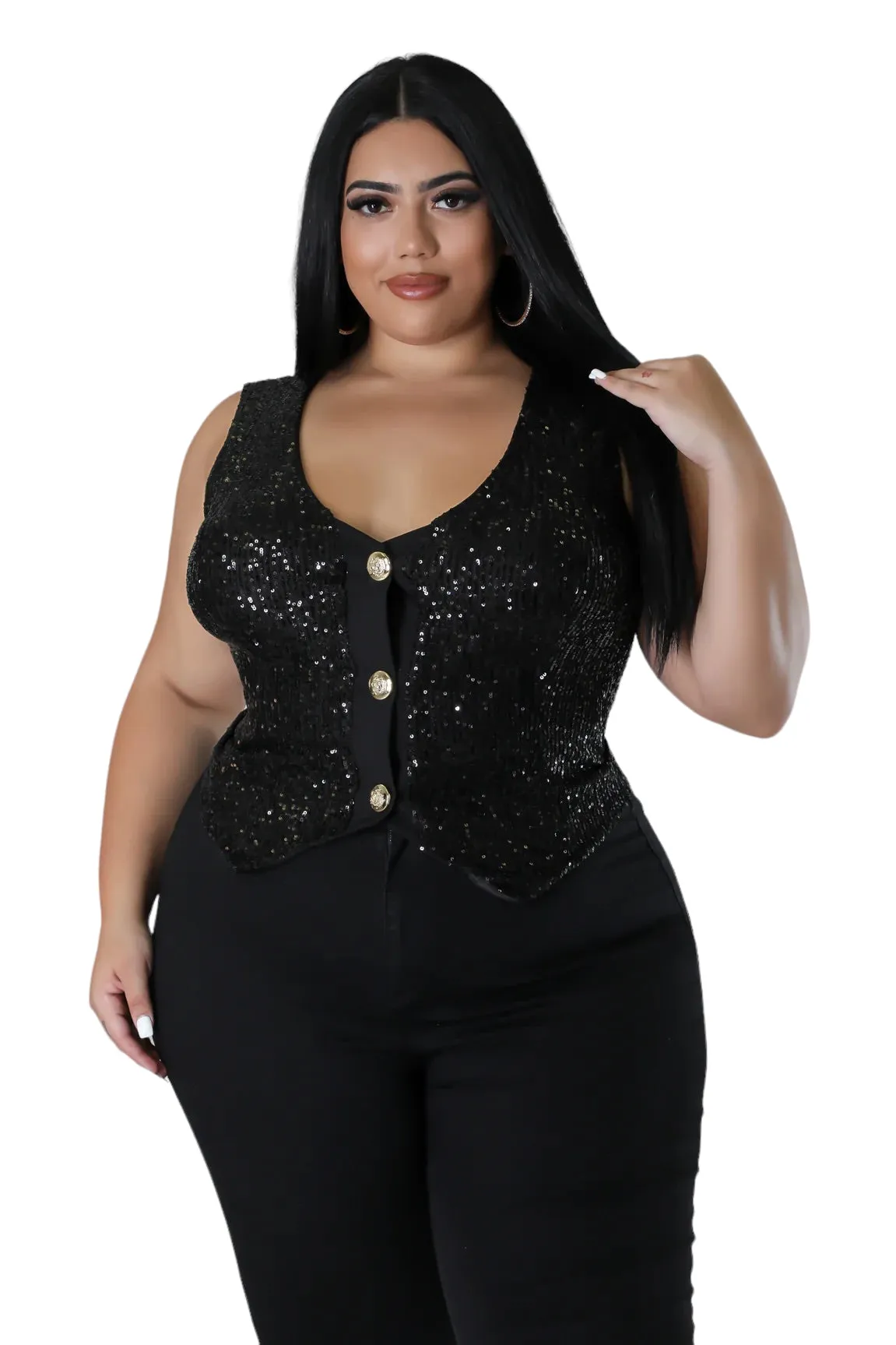 Final Sale Plus Size Sequin Sleeveless Button Up Crop Vest in Black (Vest Only)