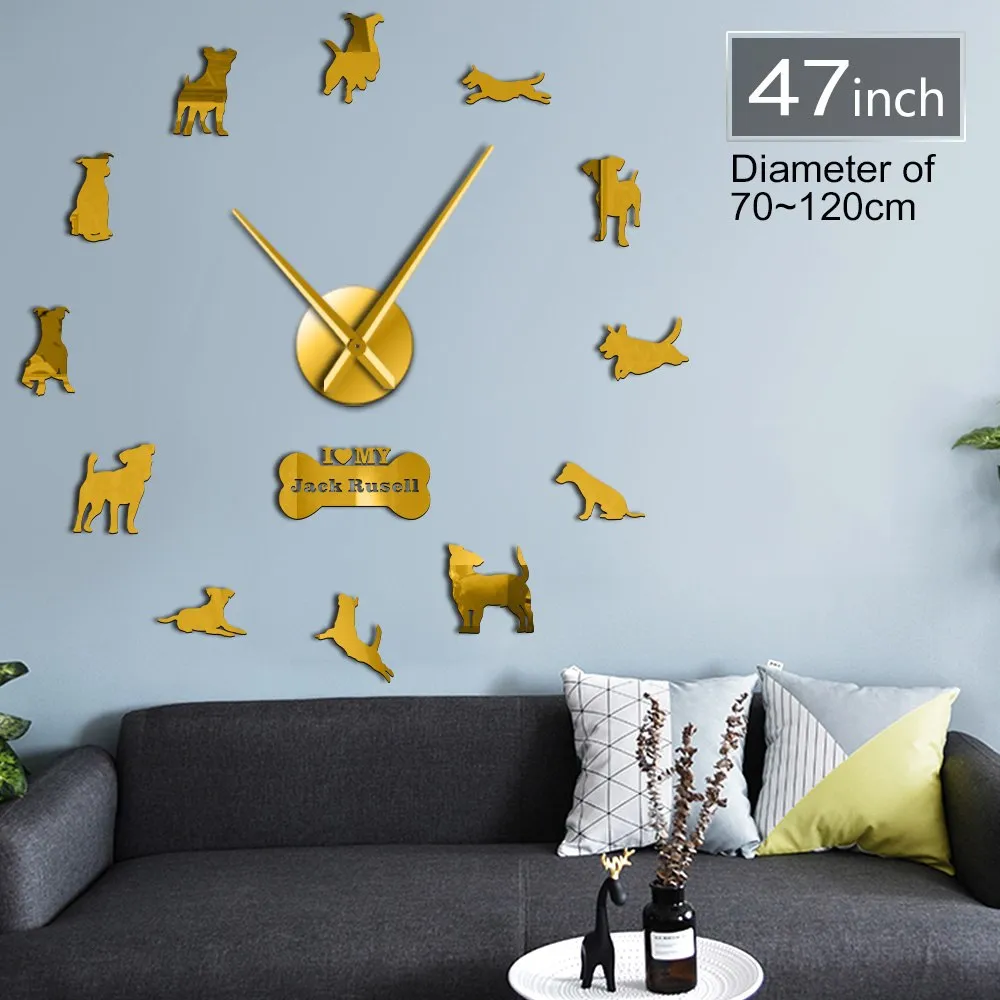 Fox Hunting Dog Jack Russell Terrier Large Size Contemporary Wall Clock Small Terrier Dog Breed Gift Mirror Effect DIY Wall Art