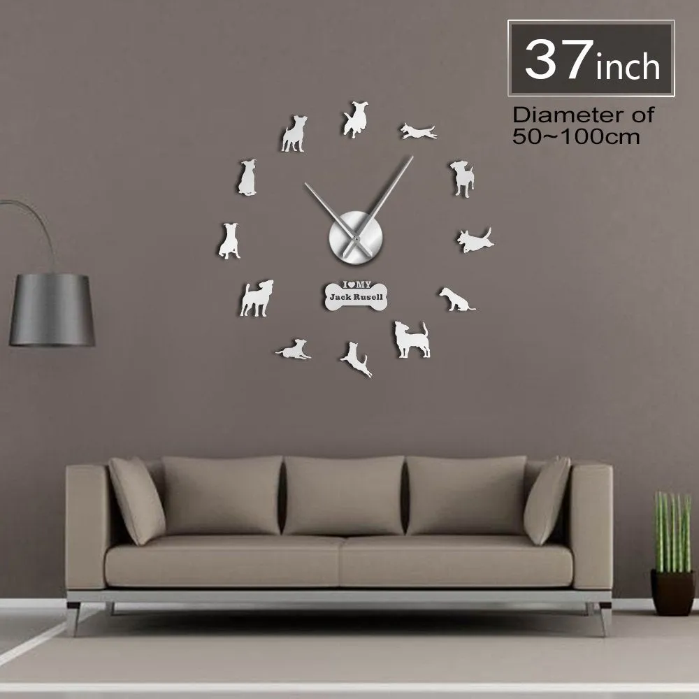 Fox Hunting Dog Jack Russell Terrier Large Size Contemporary Wall Clock Small Terrier Dog Breed Gift Mirror Effect DIY Wall Art