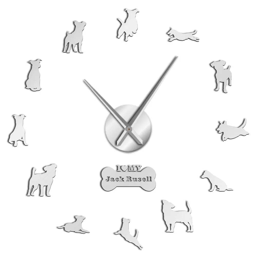 Fox Hunting Dog Jack Russell Terrier Large Size Contemporary Wall Clock Small Terrier Dog Breed Gift Mirror Effect DIY Wall Art