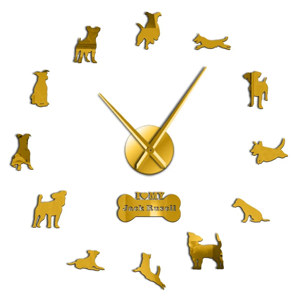 Fox Hunting Dog Jack Russell Terrier Large Size Contemporary Wall Clock Small Terrier Dog Breed Gift Mirror Effect DIY Wall Art