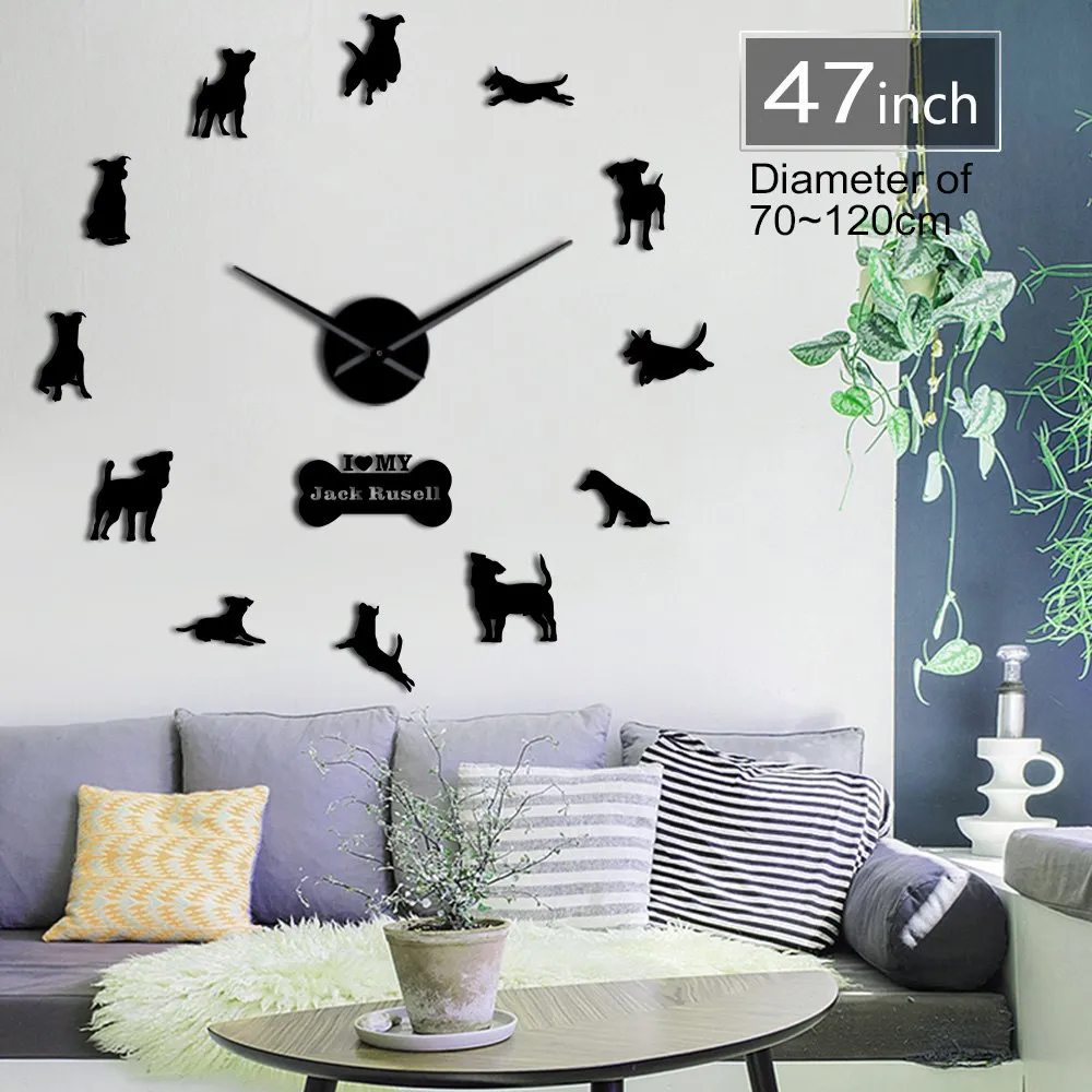 Fox Hunting Dog Jack Russell Terrier Large Size Contemporary Wall Clock Small Terrier Dog Breed Gift Mirror Effect DIY Wall Art