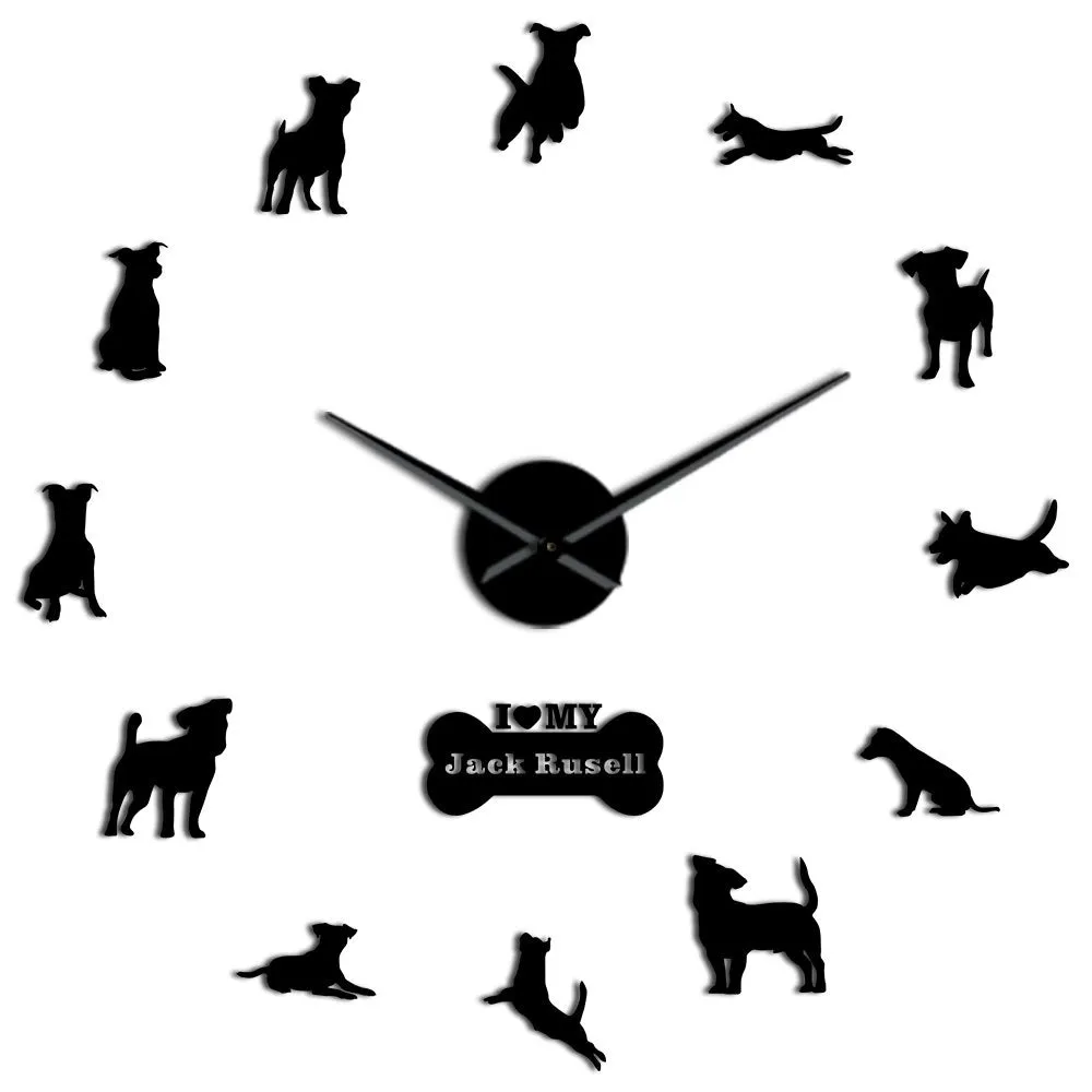 Fox Hunting Dog Jack Russell Terrier Large Size Contemporary Wall Clock Small Terrier Dog Breed Gift Mirror Effect DIY Wall Art