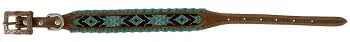 Genuine leather dog collar ith teal, white, and black navajo beaded inlay design, a rawhide wrapped edge