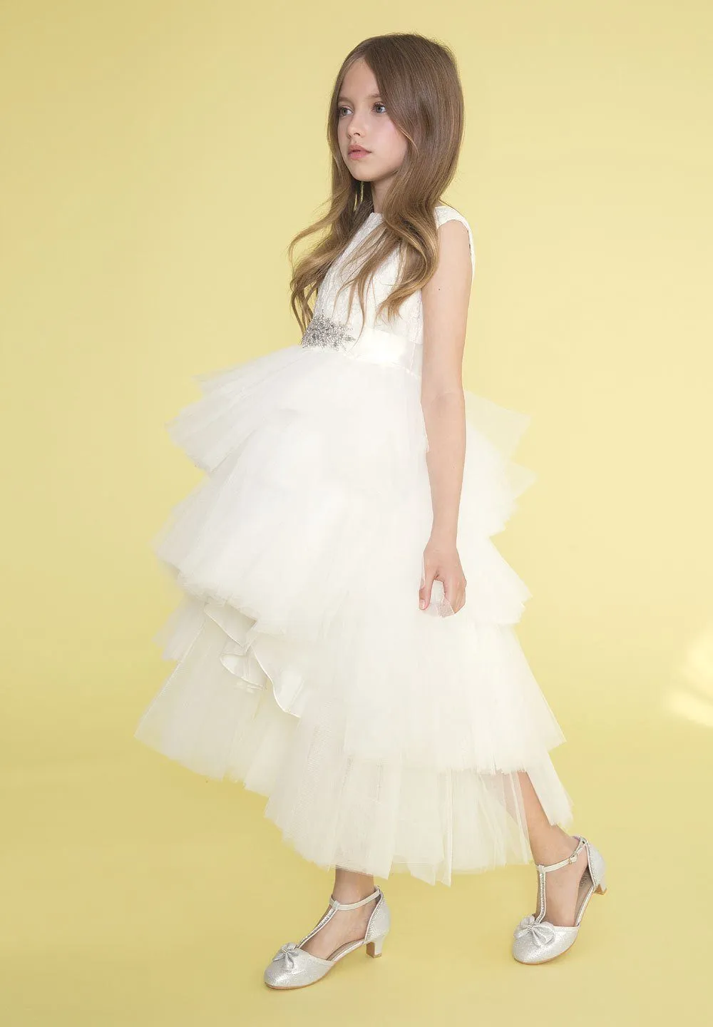 Girls Layered High Low Dress with Lace Bodice by Calla D825