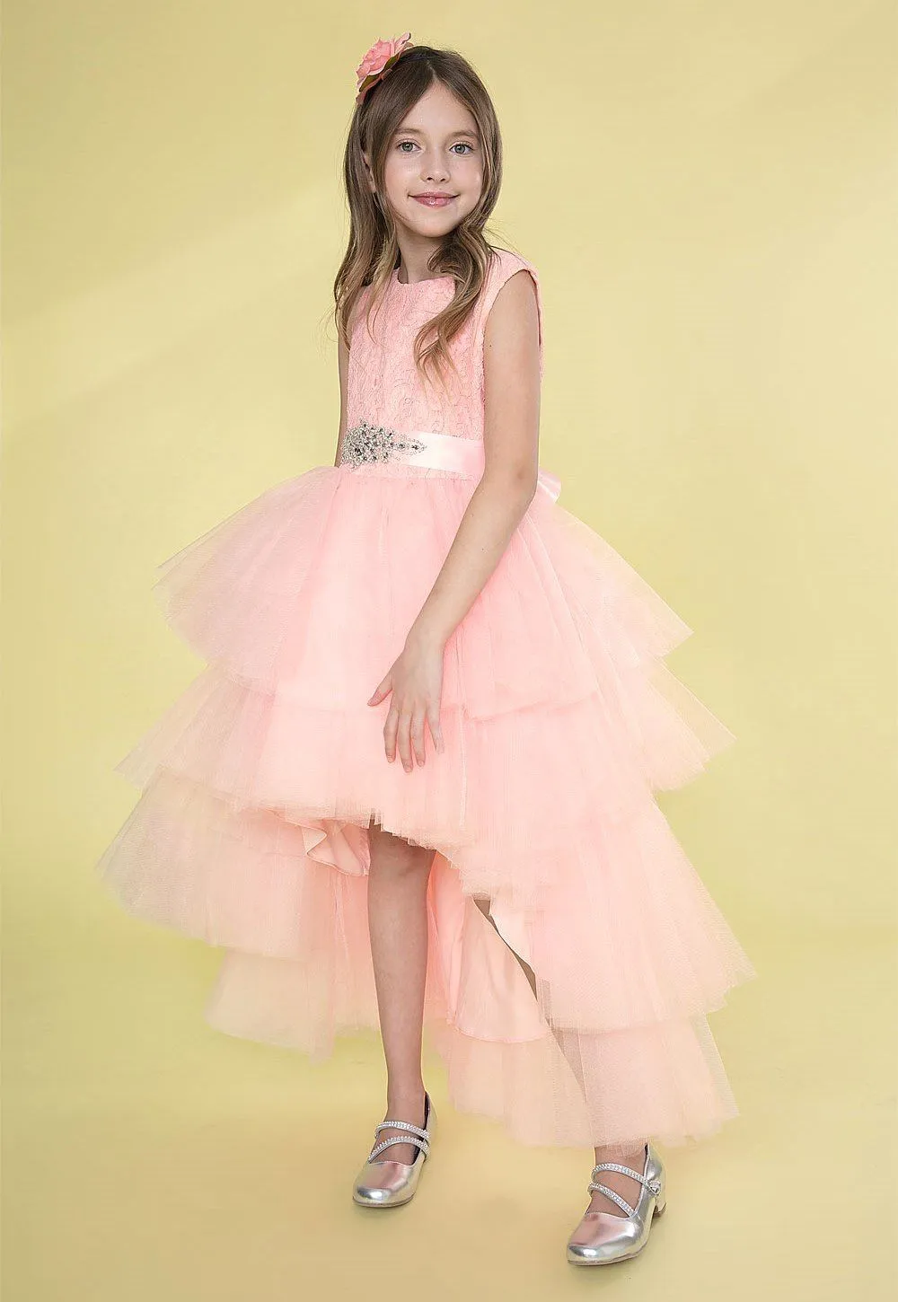Girls Layered High Low Dress with Lace Bodice by Calla D825