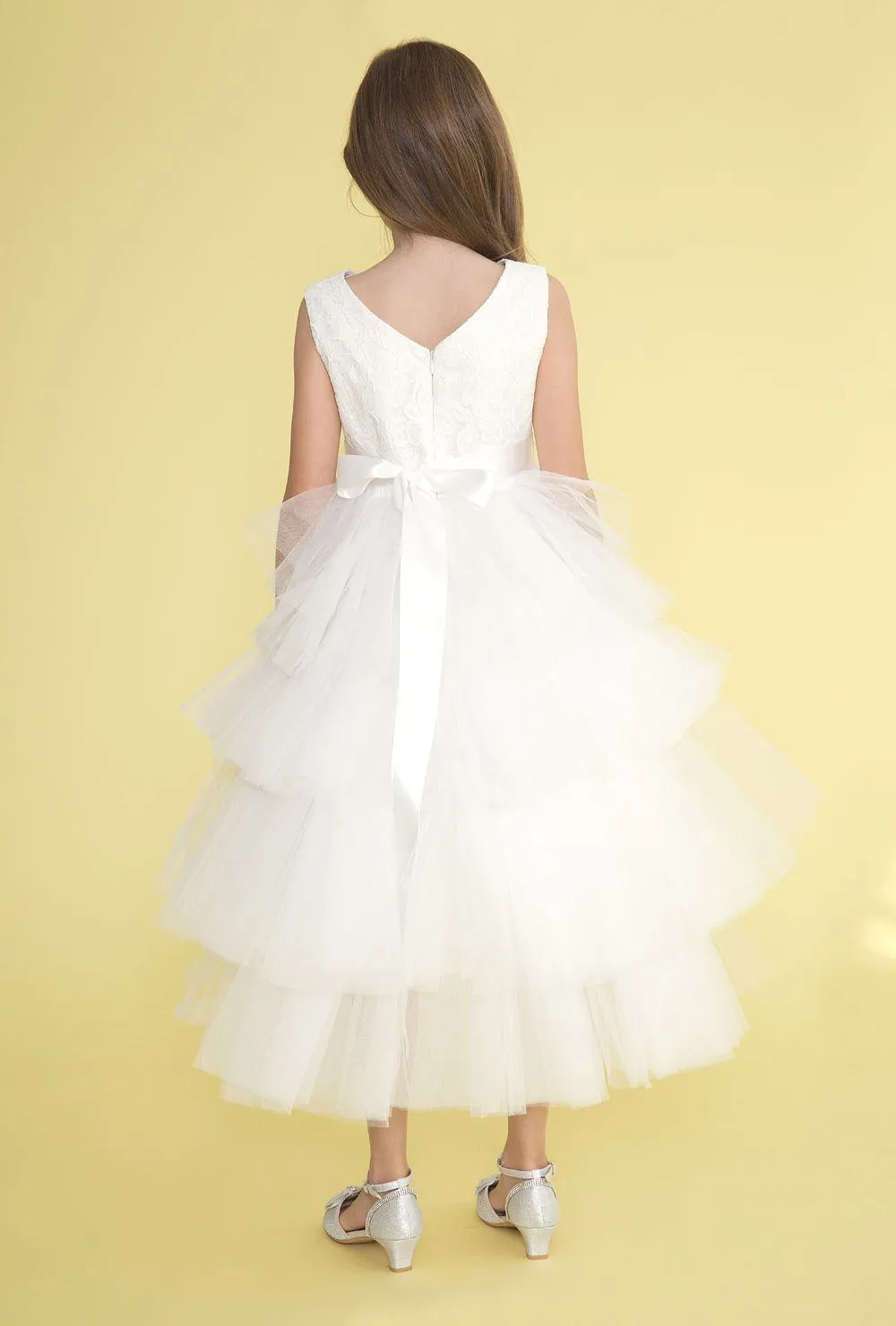 Girls Layered High Low Dress with Lace Bodice by Calla D825