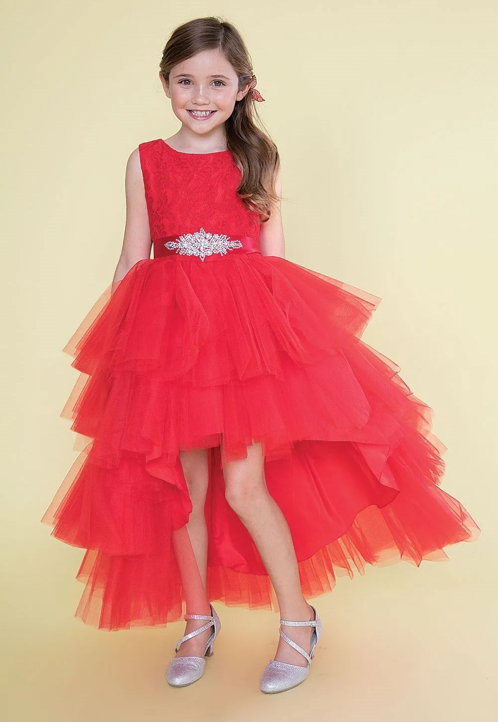 Girls Layered High Low Dress with Lace Bodice by Calla D825