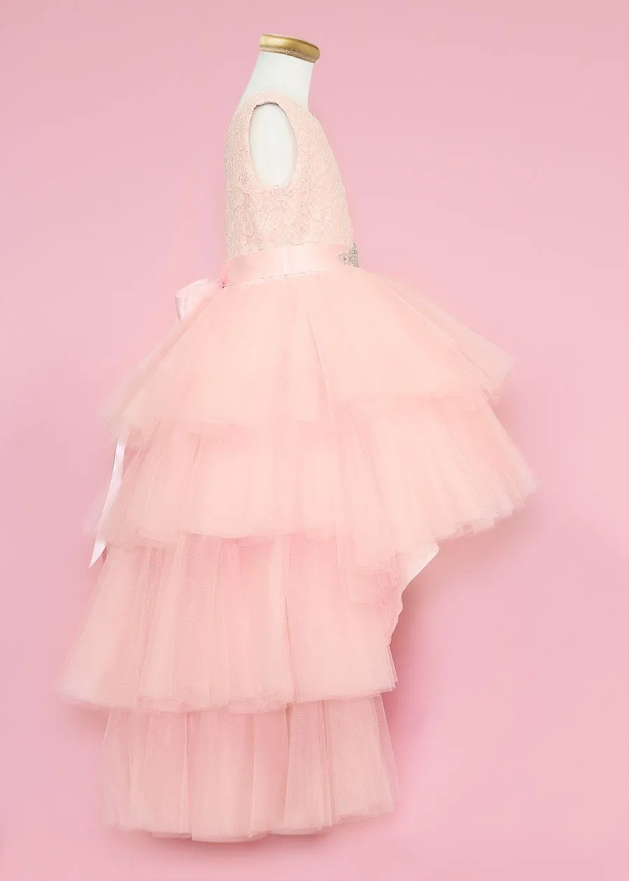 Girls Layered High Low Dress with Lace Bodice by Calla D825