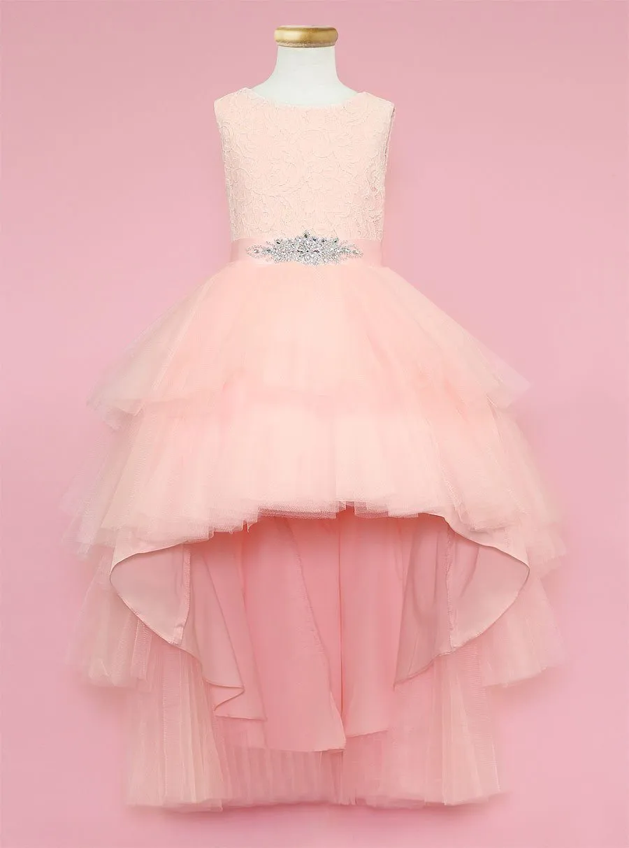 Girls Layered High Low Dress with Lace Bodice by Calla D825