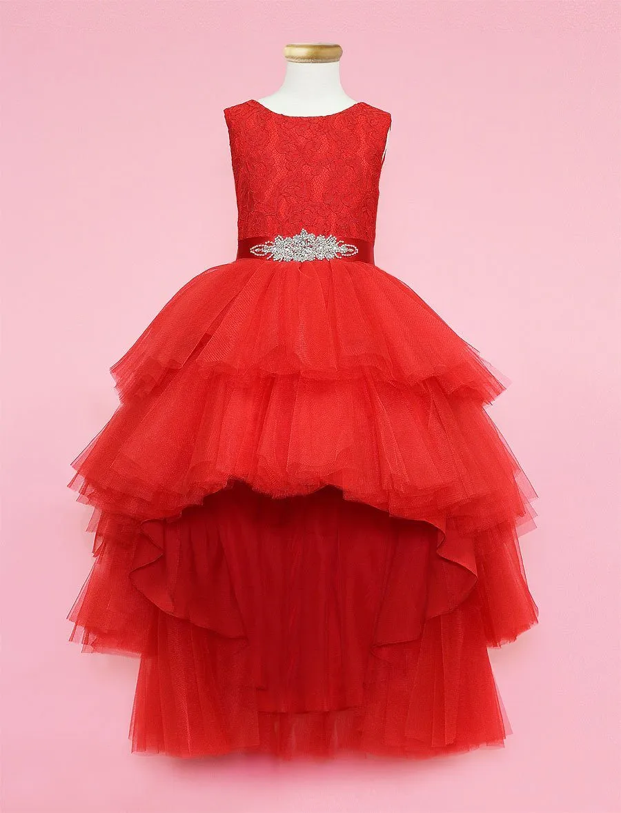 Girls Layered High Low Dress with Lace Bodice by Calla D825