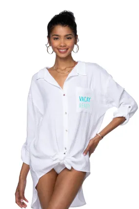 Good Vibes Cotton Gauze Shirt Mini Dress _ Vacay Ready Embroidery
