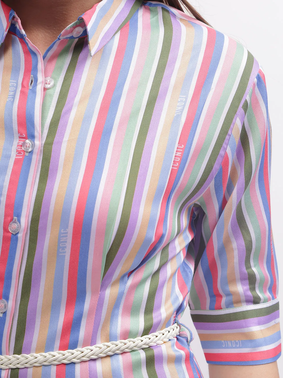 Iconic Women Multi Striped Shirt Collar 3/4th Sleeves Dress