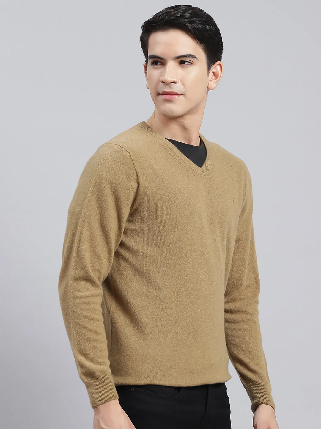 Men Brown Solid Lamb wool Pullover