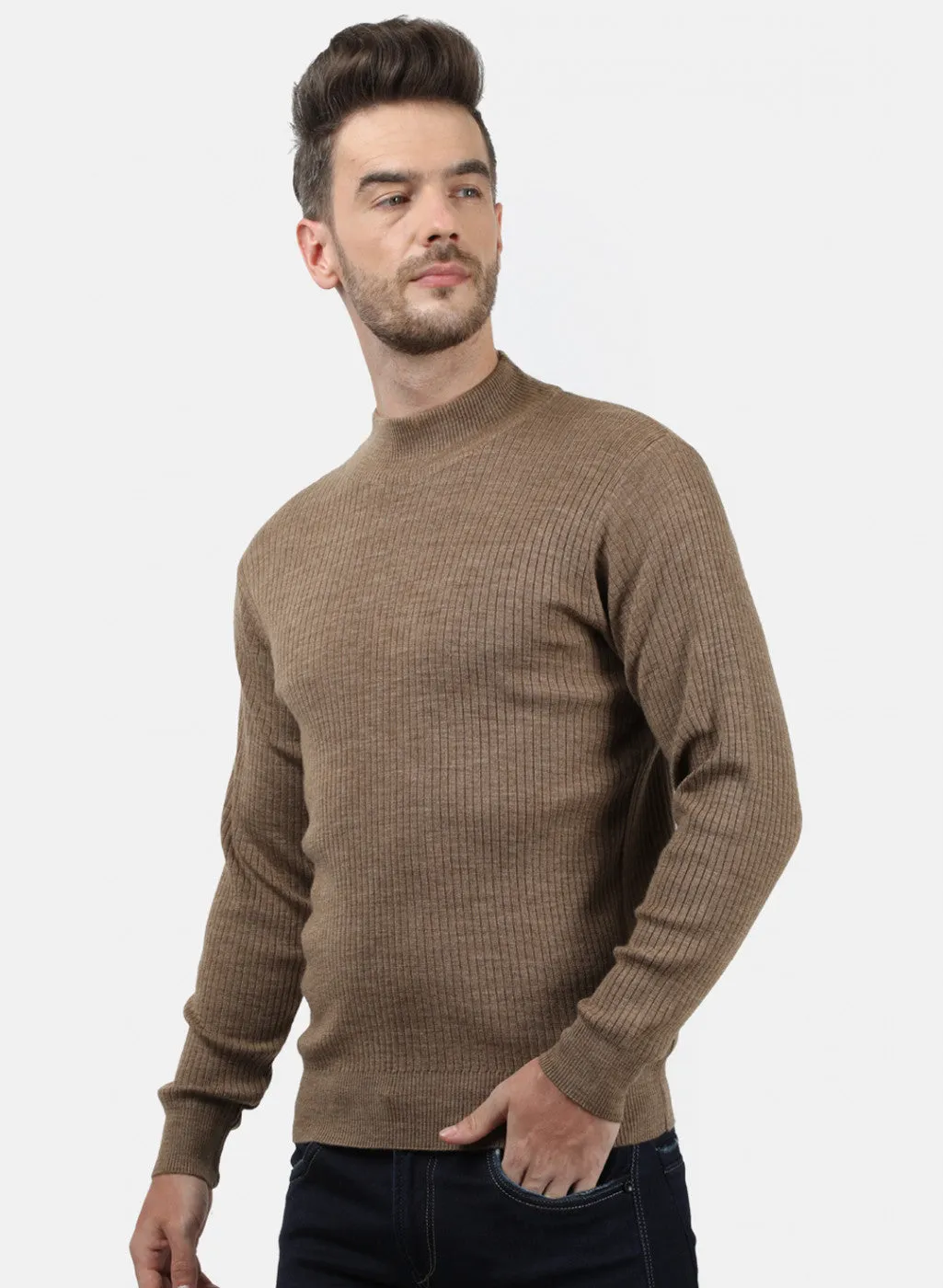 Men Khaki Solid Pullover