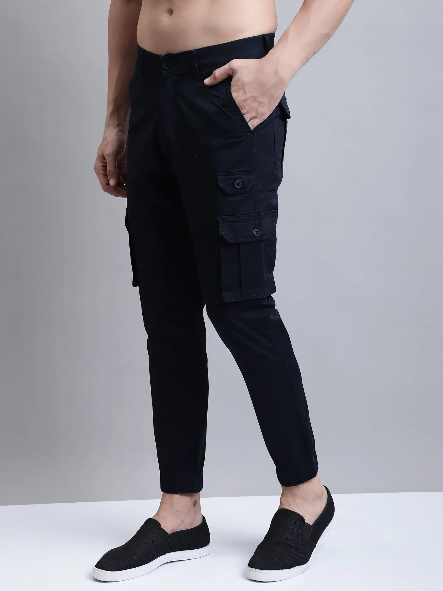 Men Navy Blue Solid Casual Cargo