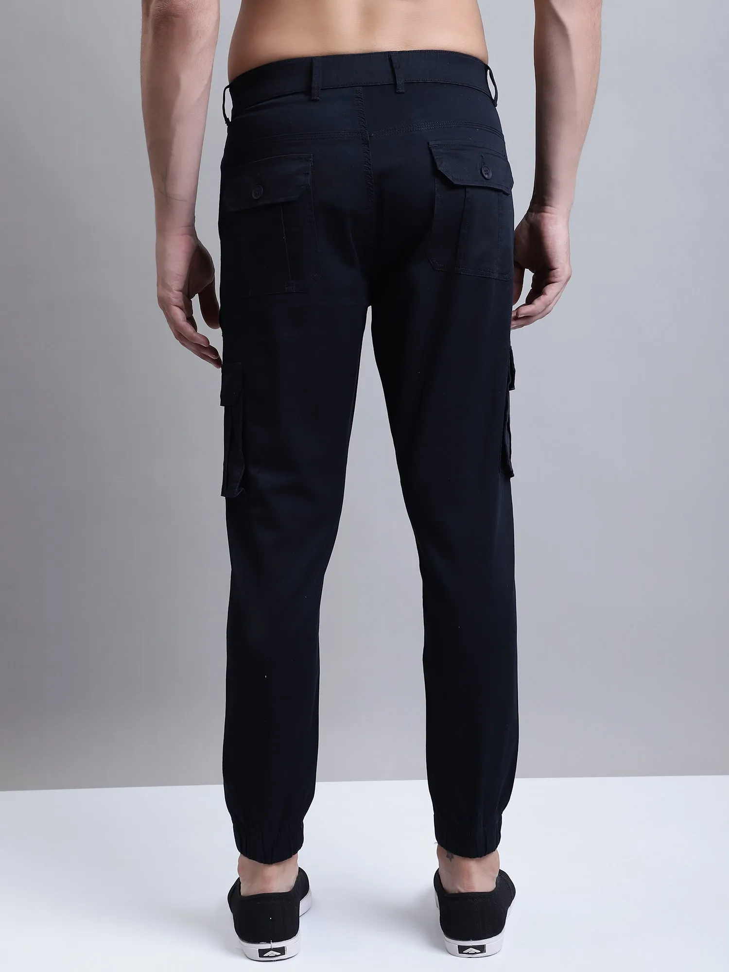 Men Navy Blue Solid Casual Cargo
