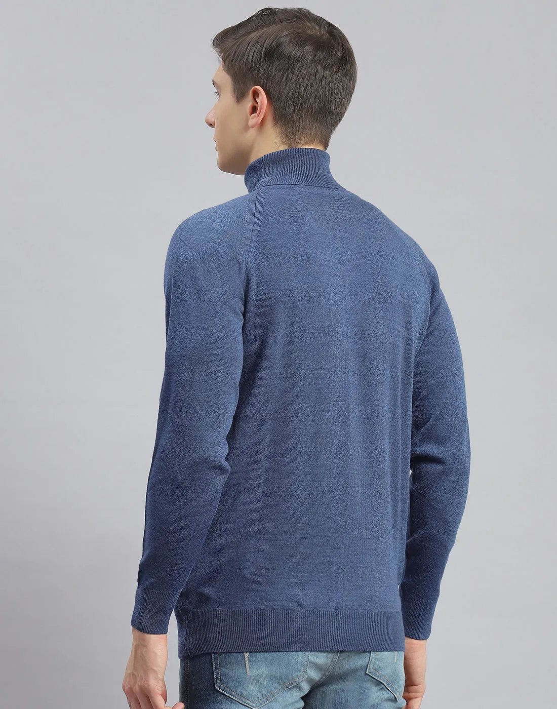 Men Teal Blue Solid H Neck Full Sleeve Pullover