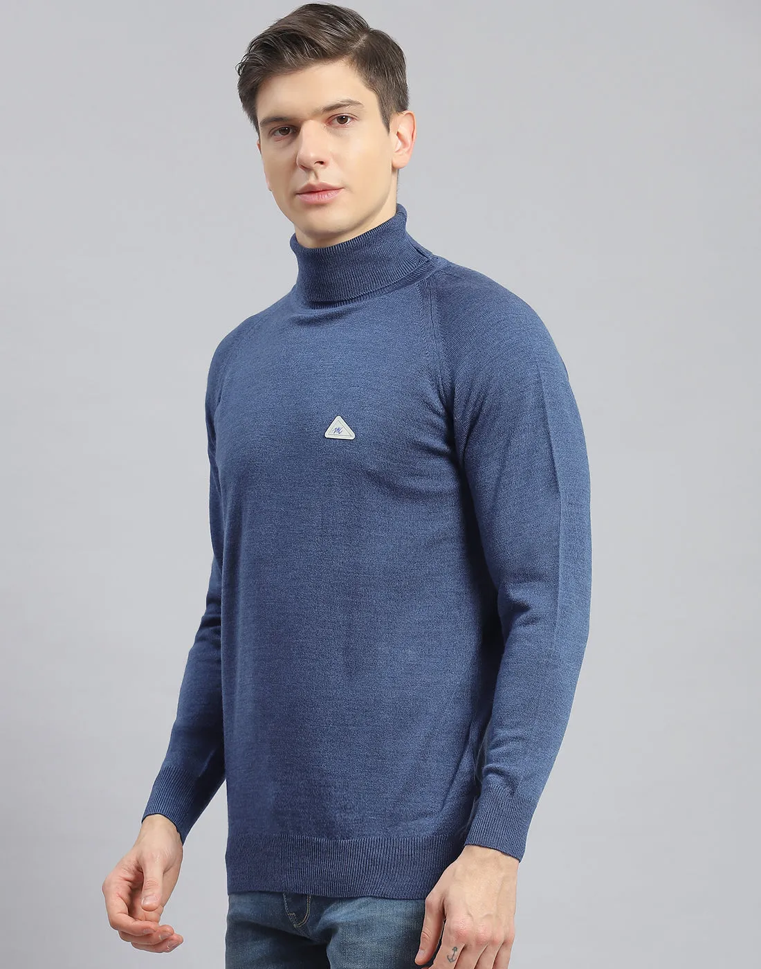Men Teal Blue Solid H Neck Full Sleeve Pullover