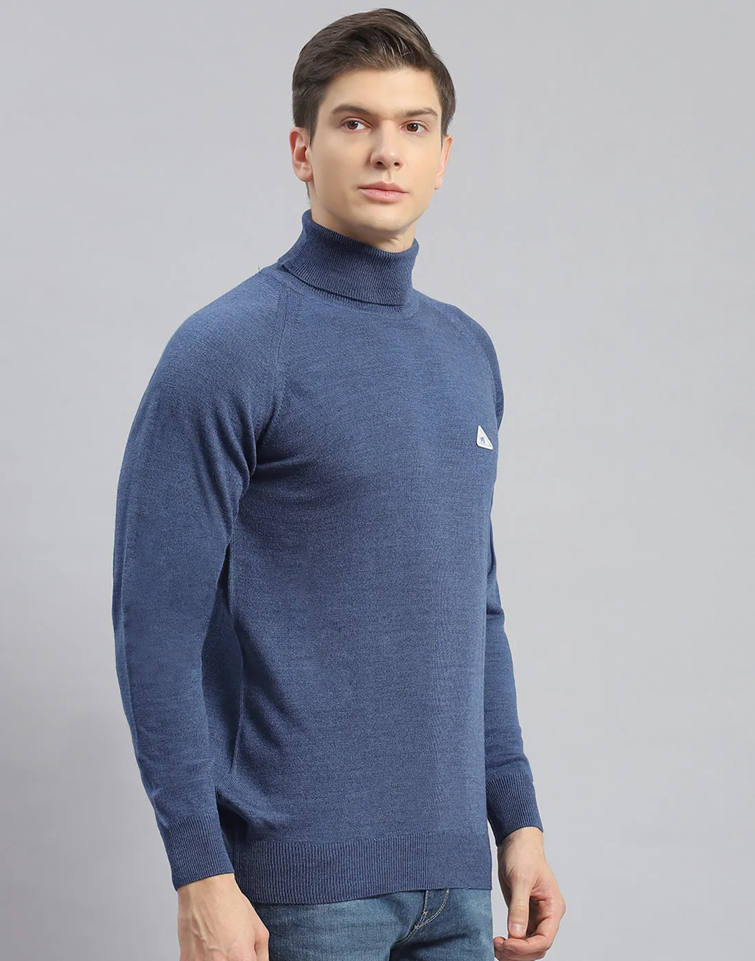 Men Teal Blue Solid H Neck Full Sleeve Pullover