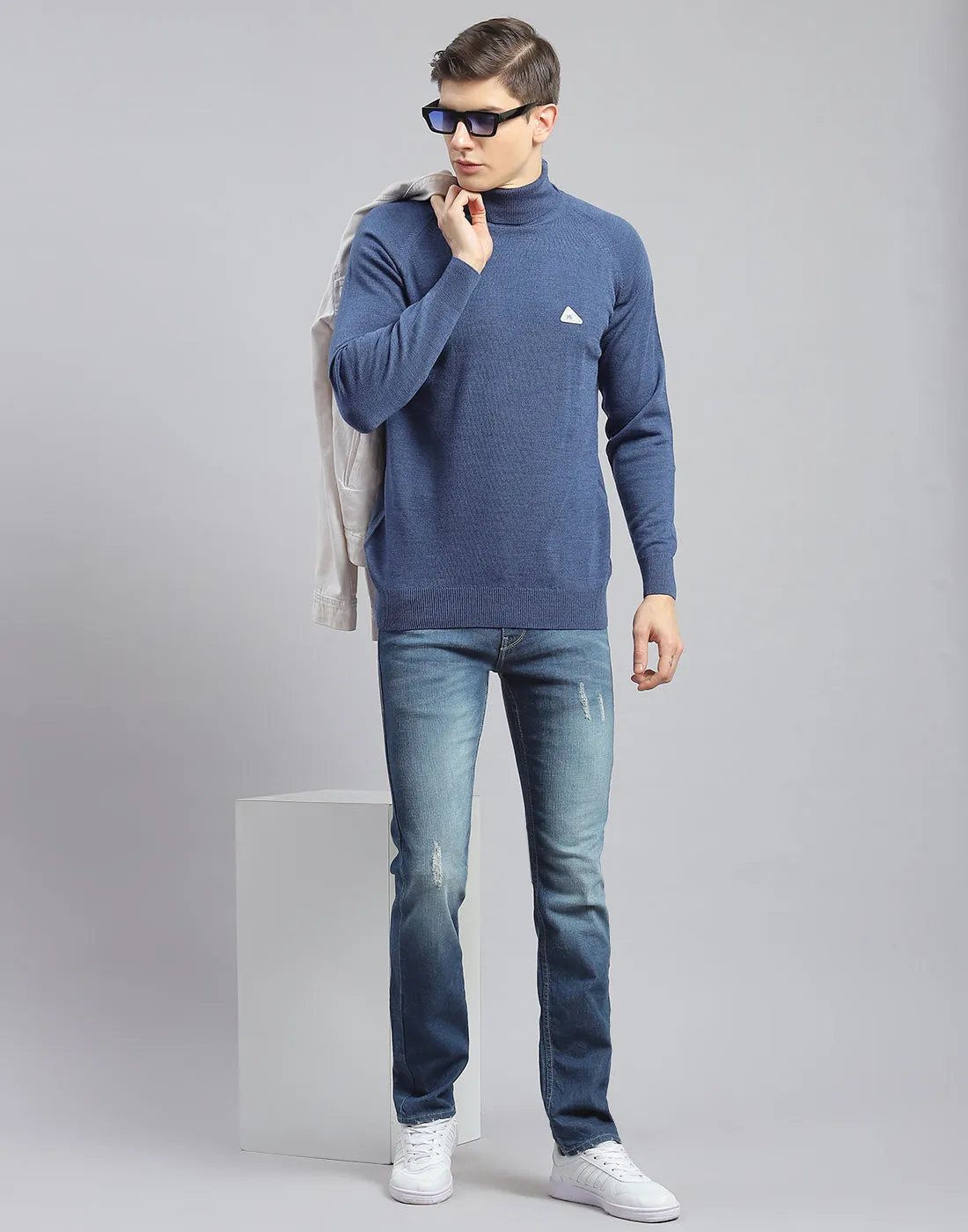 Men Teal Blue Solid H Neck Full Sleeve Pullover