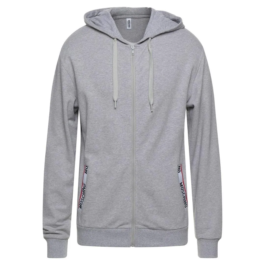 Moschino Brand Taped Pockets Grey Zip Hoodie