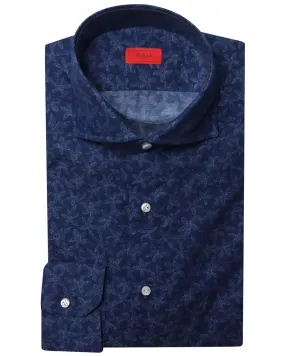 Navy Tonal Floral Print Cotton Dress Shirt
