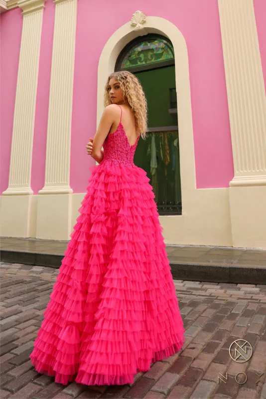 Nox Anabel P1398 Size 12 Fuchsia Layered Tulle A Line Slit Prom Dress Lace Sheer Corset Formal Gown