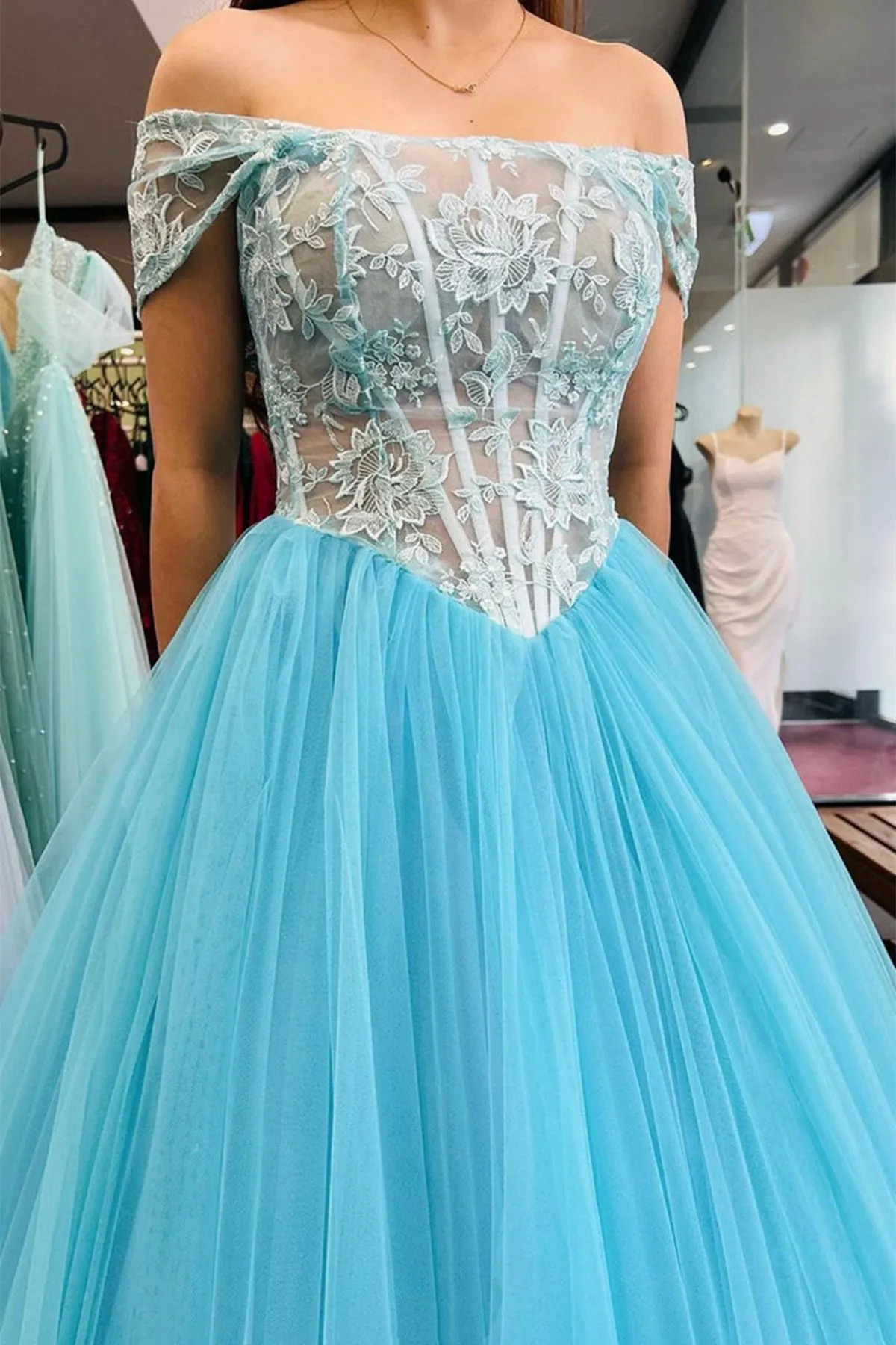 Off Shoulder Blue Lace Tulle Long Prom Dress, Off the Shoulder Blue Formal Dress, Blue Lace Evening Dress A1688