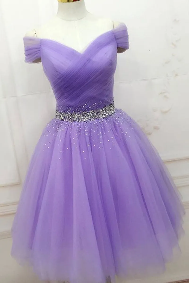 Off Shoulder Short Beaded Purple Prom, Off Shoulder Purple Formal Graduation Homecoming