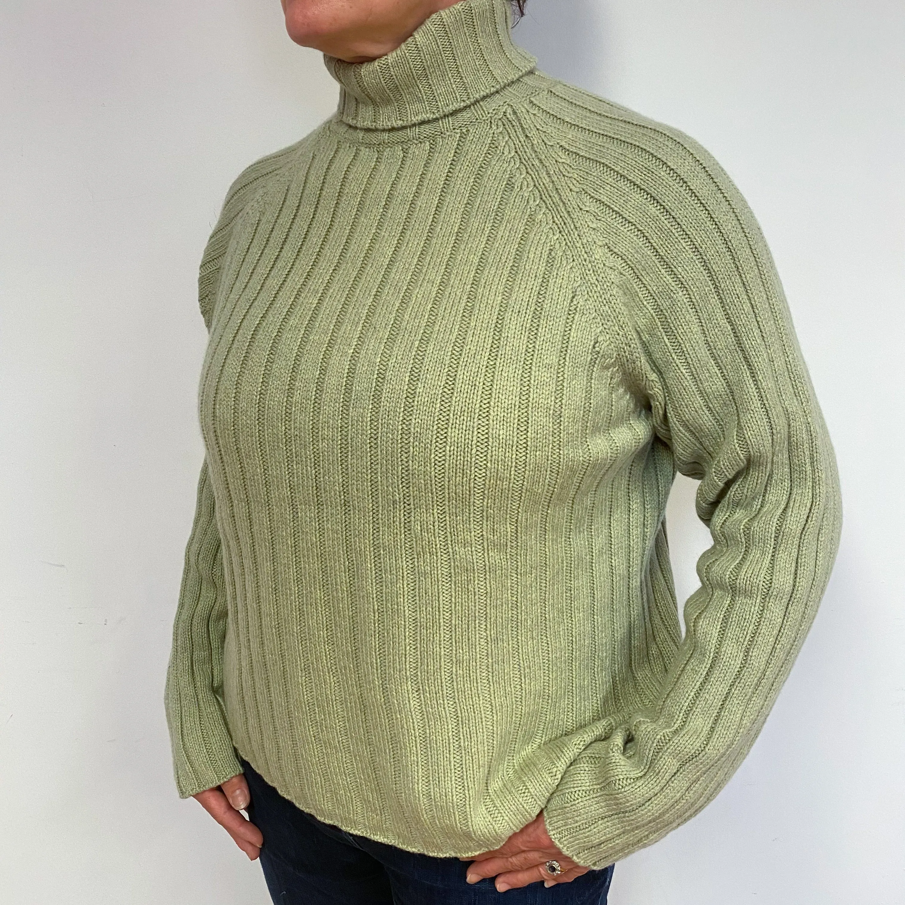 Pickle Green Cashmere Chunky Polo Neck Jumper