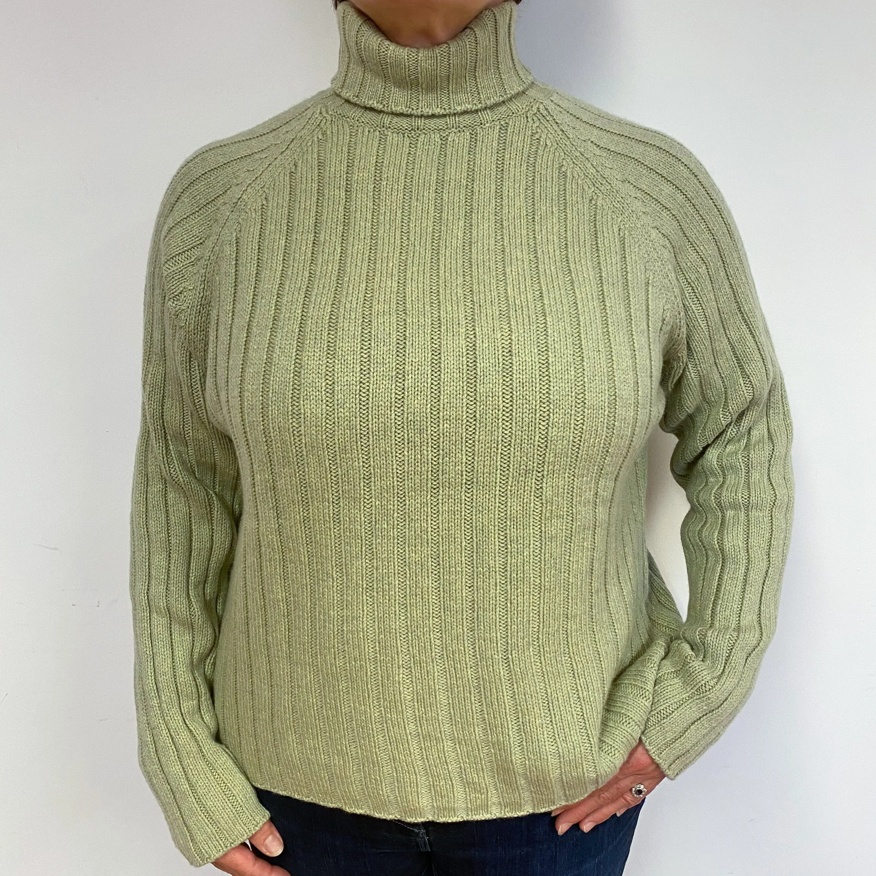 Pickle Green Cashmere Chunky Polo Neck Jumper