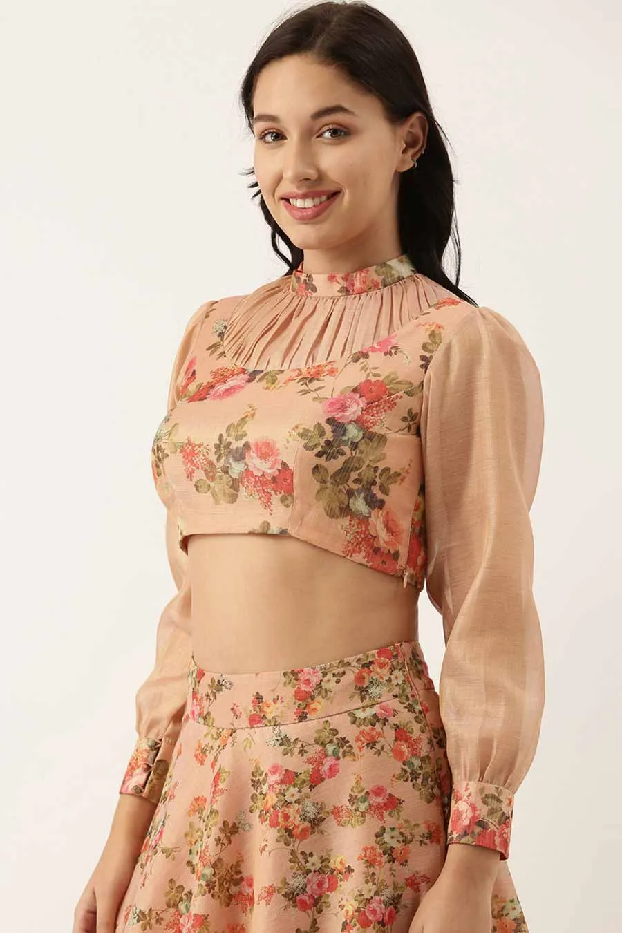 Pink Chanderi Crop Top & Skirt Set