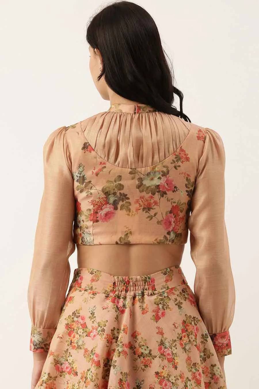 Pink Chanderi Crop Top & Skirt Set