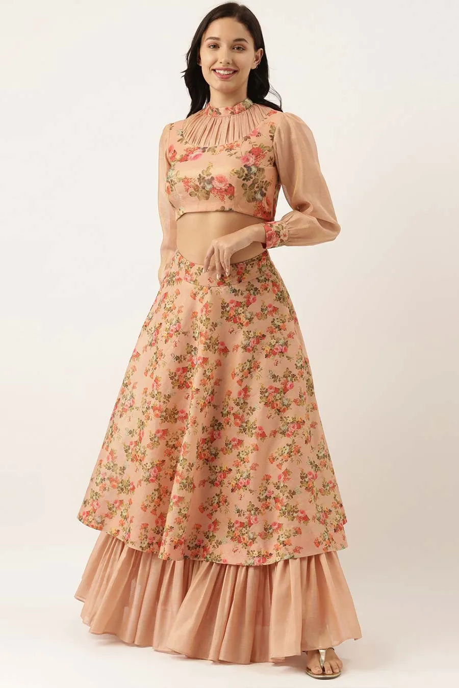Pink Chanderi Crop Top & Skirt Set