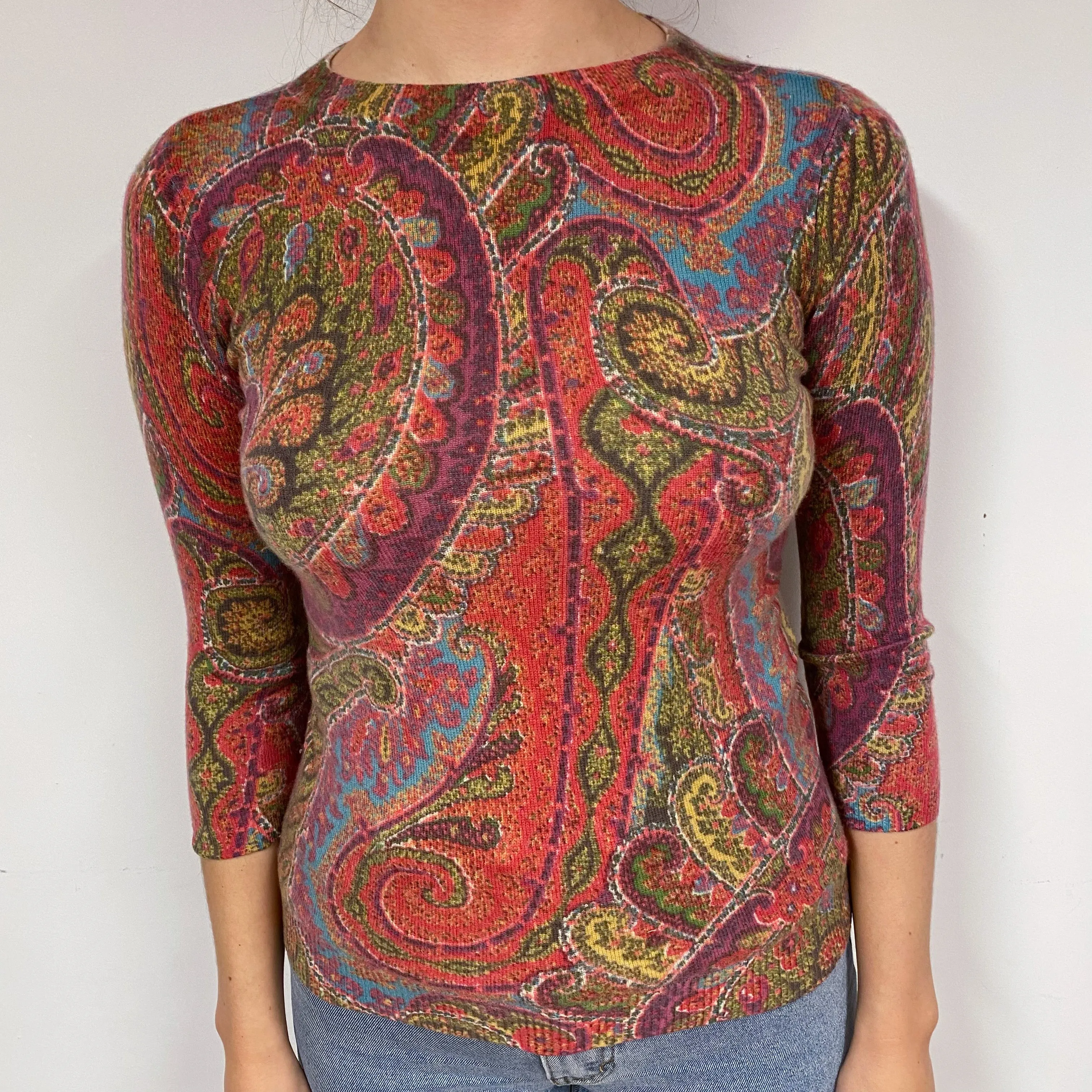 Pink Paisley Cashmere Crew Neck Jumper Small