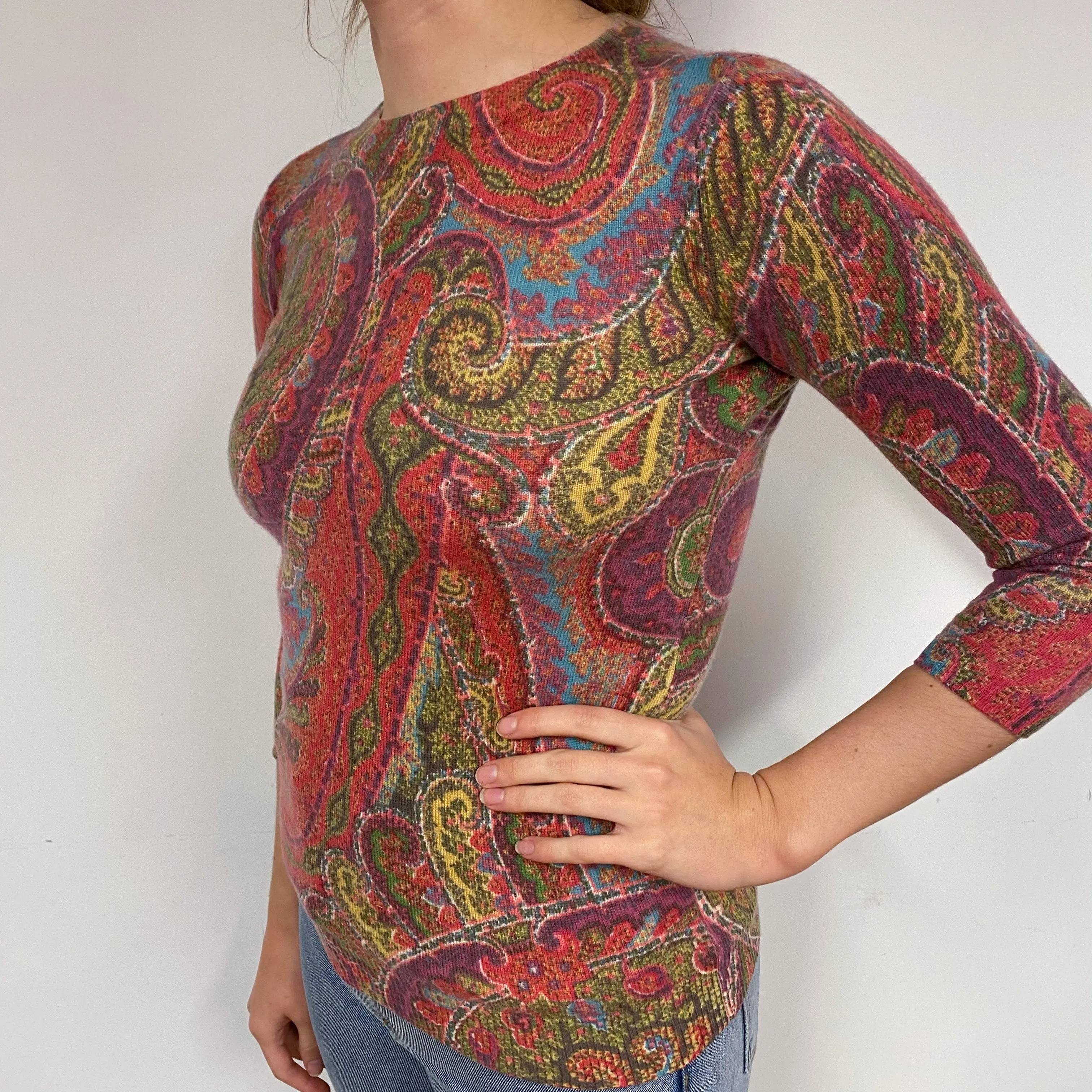 Pink Paisley Cashmere Crew Neck Jumper Small