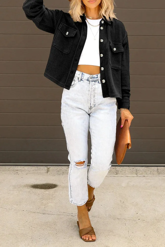 Plain Pocket Open Button Short Length Corduroy Jackets