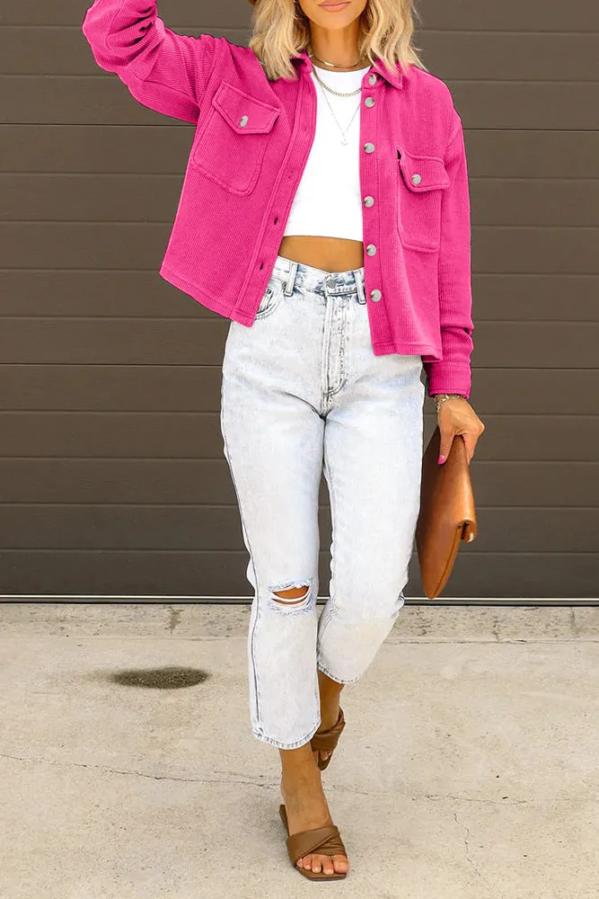 Plain Pocket Open Button Short Length Corduroy Jackets