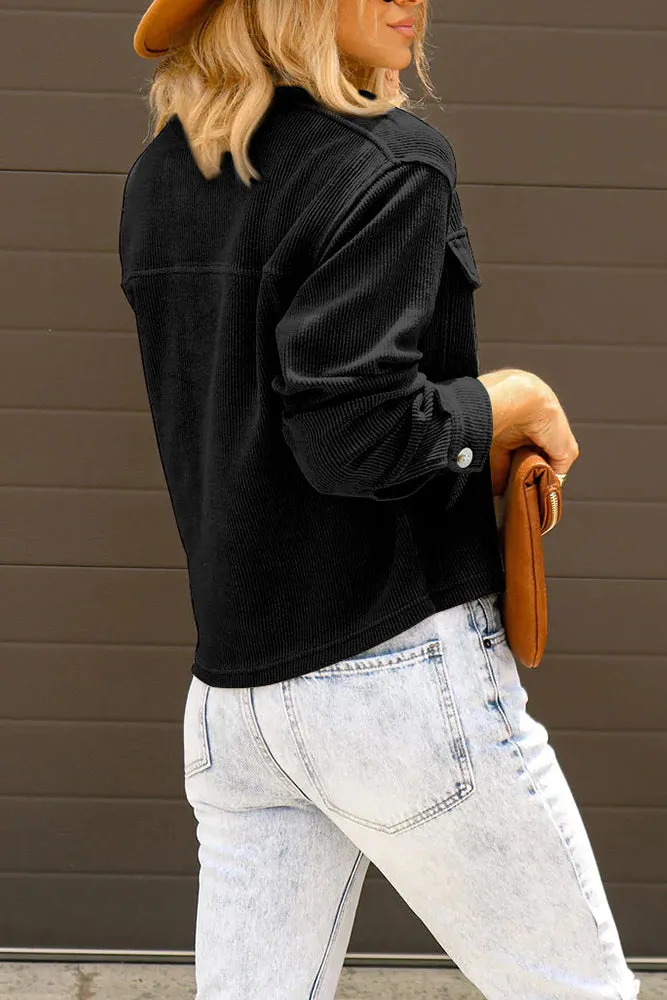 Plain Pocket Open Button Short Length Corduroy Jackets