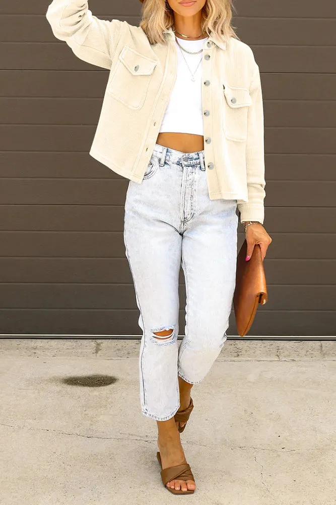 Plain Pocket Open Button Short Length Corduroy Jackets