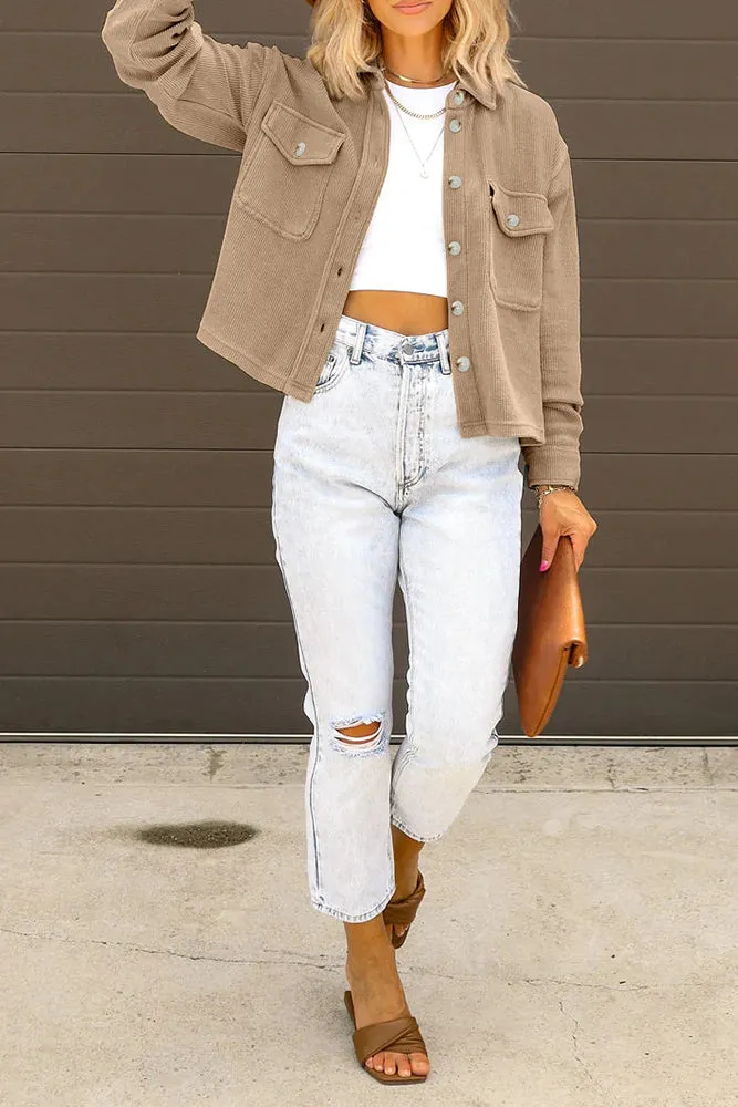 Plain Pocket Open Button Short Length Corduroy Jackets