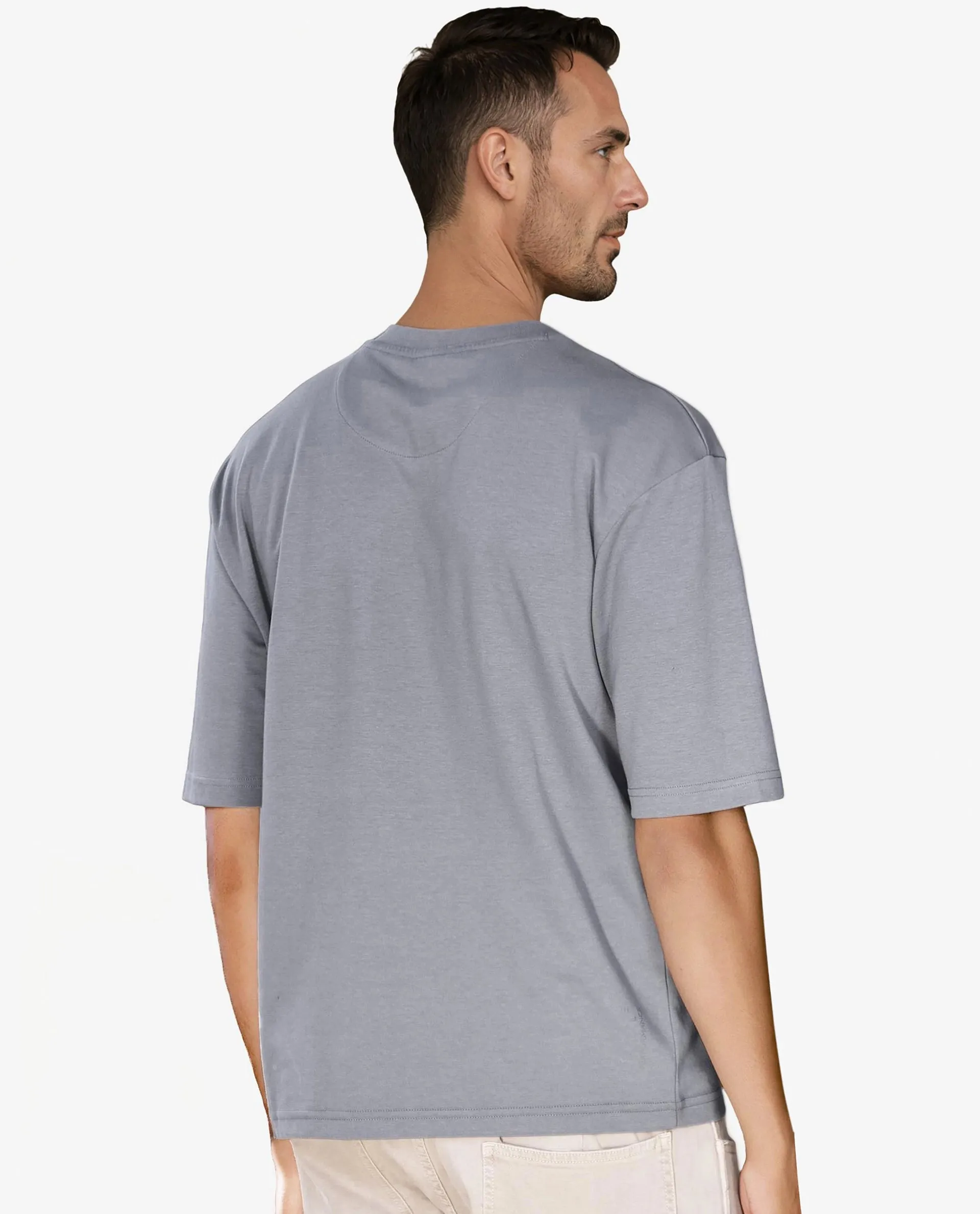 Rare Rabbit Men's Qlo Dusky Blue Cotton Polyester Fabric Short Sleeve Crew Neck Oversized Fit Solid T-Shirt