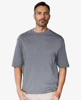 Rare Rabbit Men's Qlo Dusky Blue Cotton Polyester Fabric Short Sleeve Crew Neck Oversized Fit Solid T-Shirt