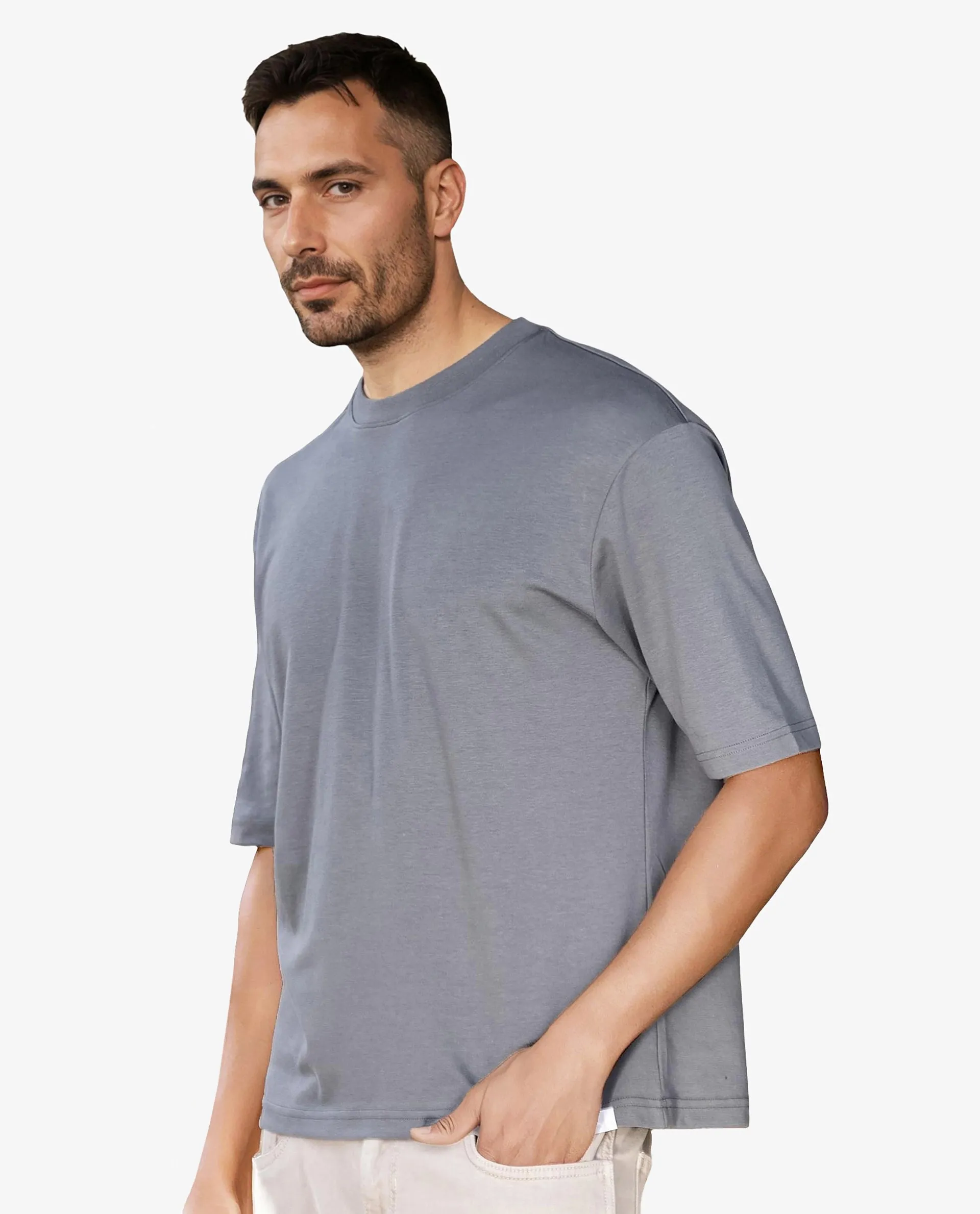 Rare Rabbit Men's Qlo Dusky Blue Cotton Polyester Fabric Short Sleeve Crew Neck Oversized Fit Solid T-Shirt