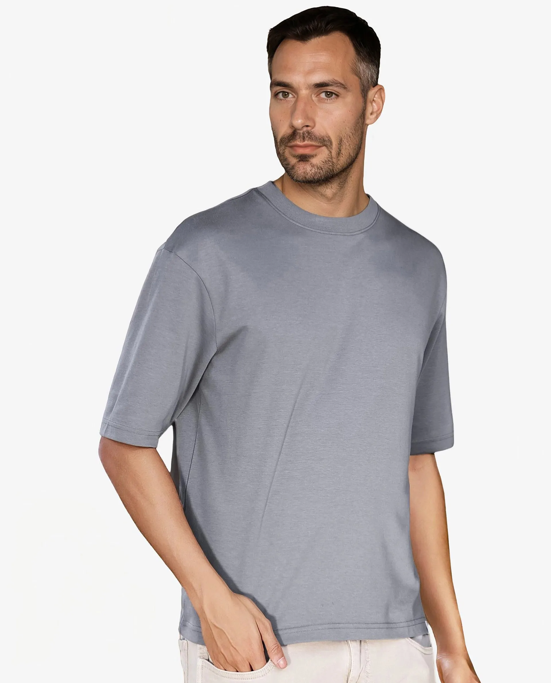Rare Rabbit Men's Qlo Dusky Blue Cotton Polyester Fabric Short Sleeve Crew Neck Oversized Fit Solid T-Shirt