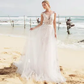 Sexy Beach Wedding Dress Cap Sleeve See Through Back Elegant Bridal Dress