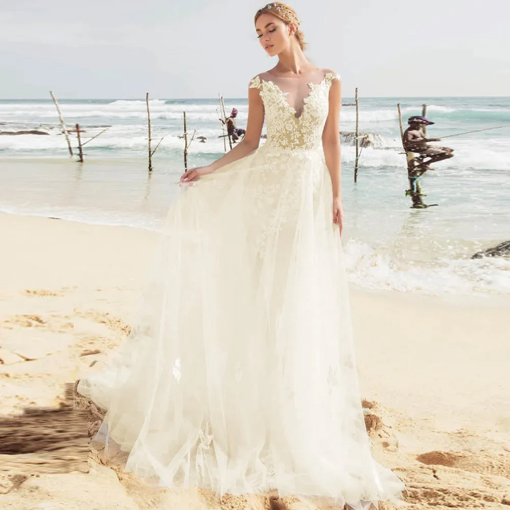 Sexy Beach Wedding Dress Cap Sleeve See Through Back Elegant Bridal Dress