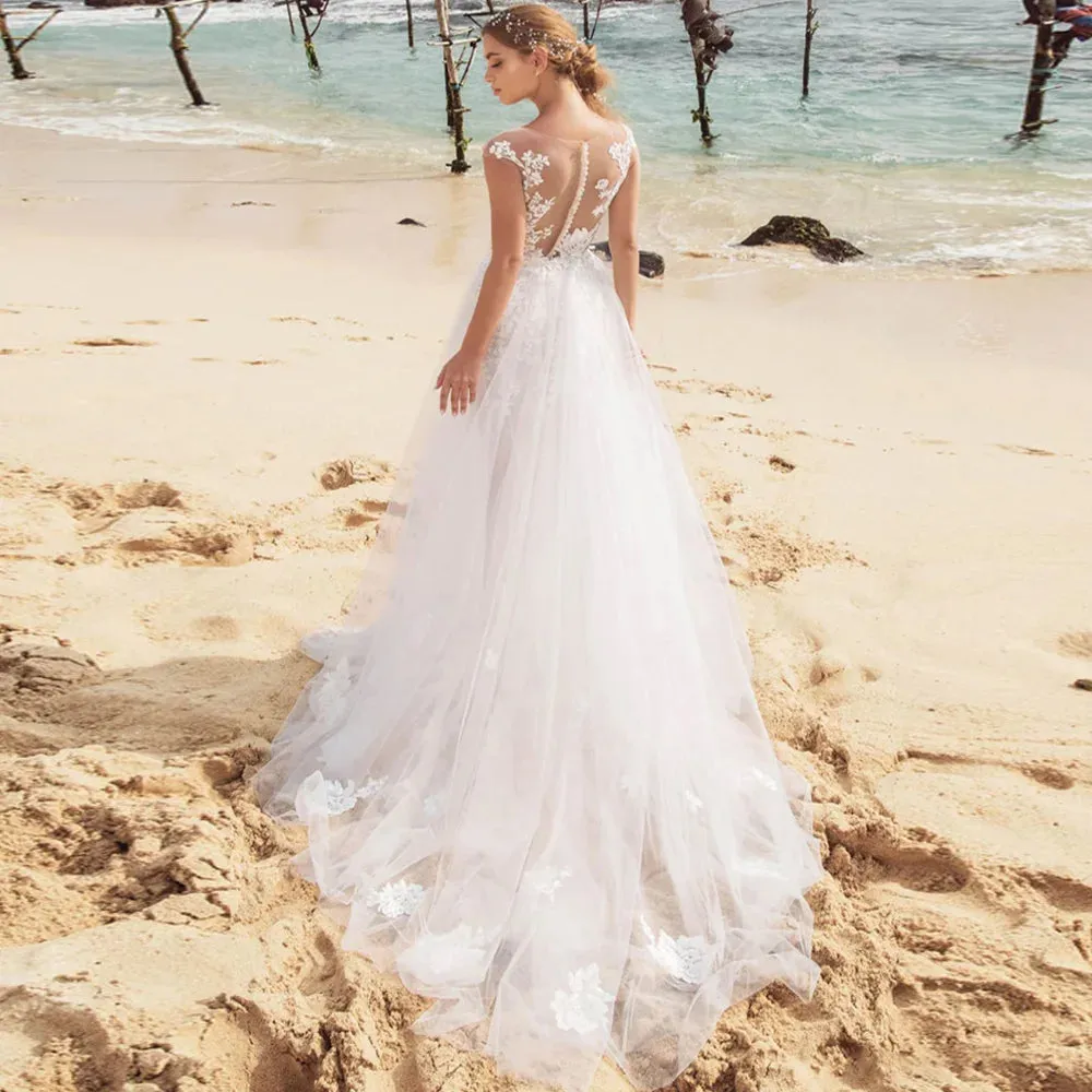 Sexy Beach Wedding Dress Cap Sleeve See Through Back Elegant Bridal Dress